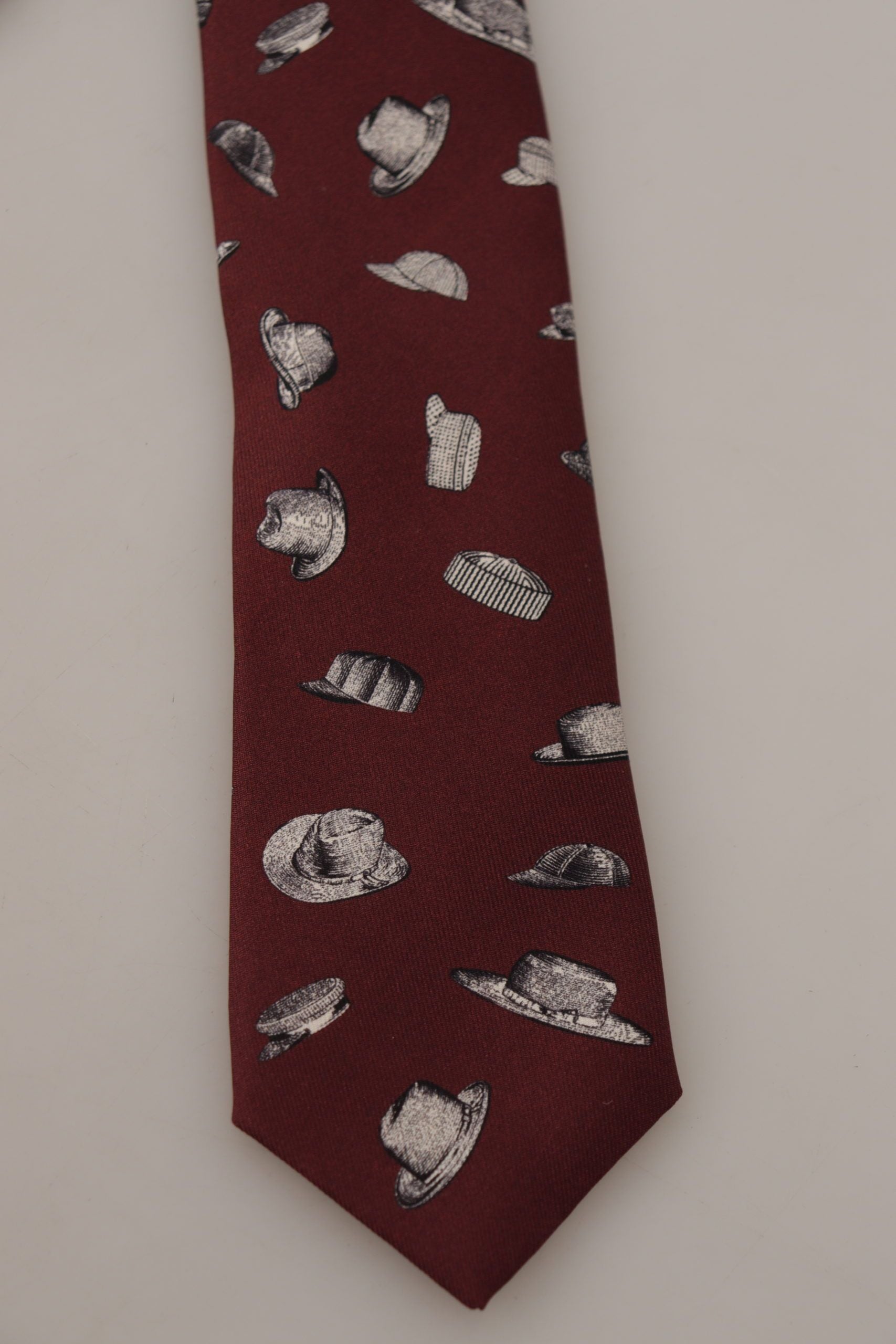Dolce &amp; Gabbana Maroon Hat Pattern 100% Silk Adjustable Accessory Tie