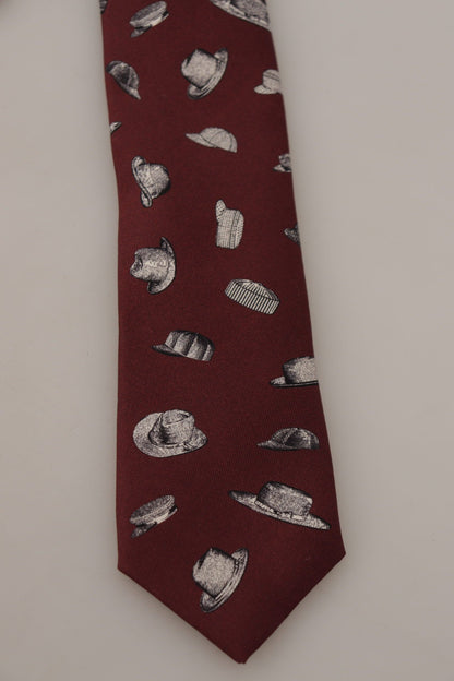 Dolce &amp; Gabbana Maroon Hat Pattern 100% Silk Adjustable Accessory Tie