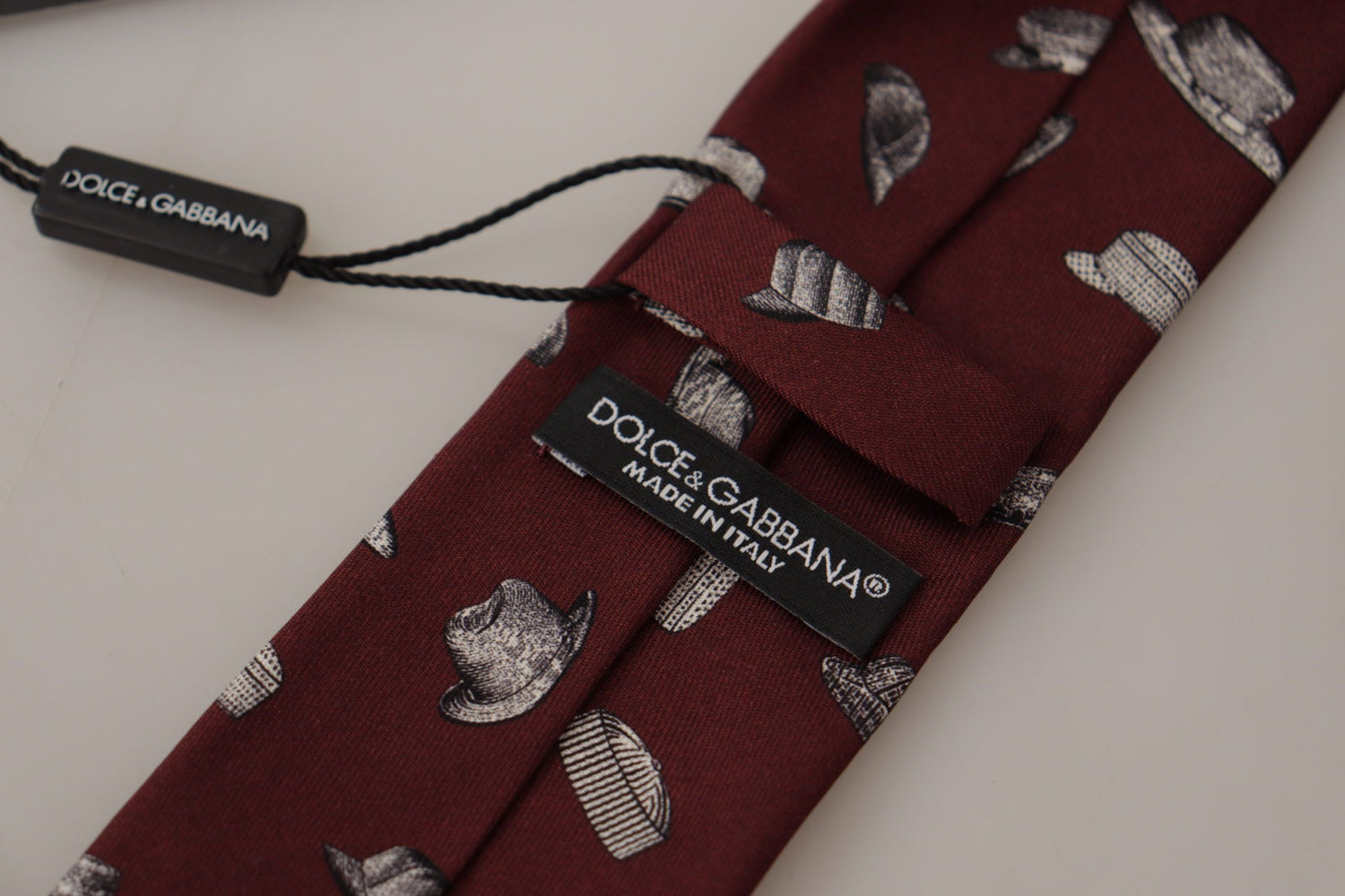 Dolce &amp; Gabbana Maroon Hat Pattern 100% Silk Adjustable Accessory Tie