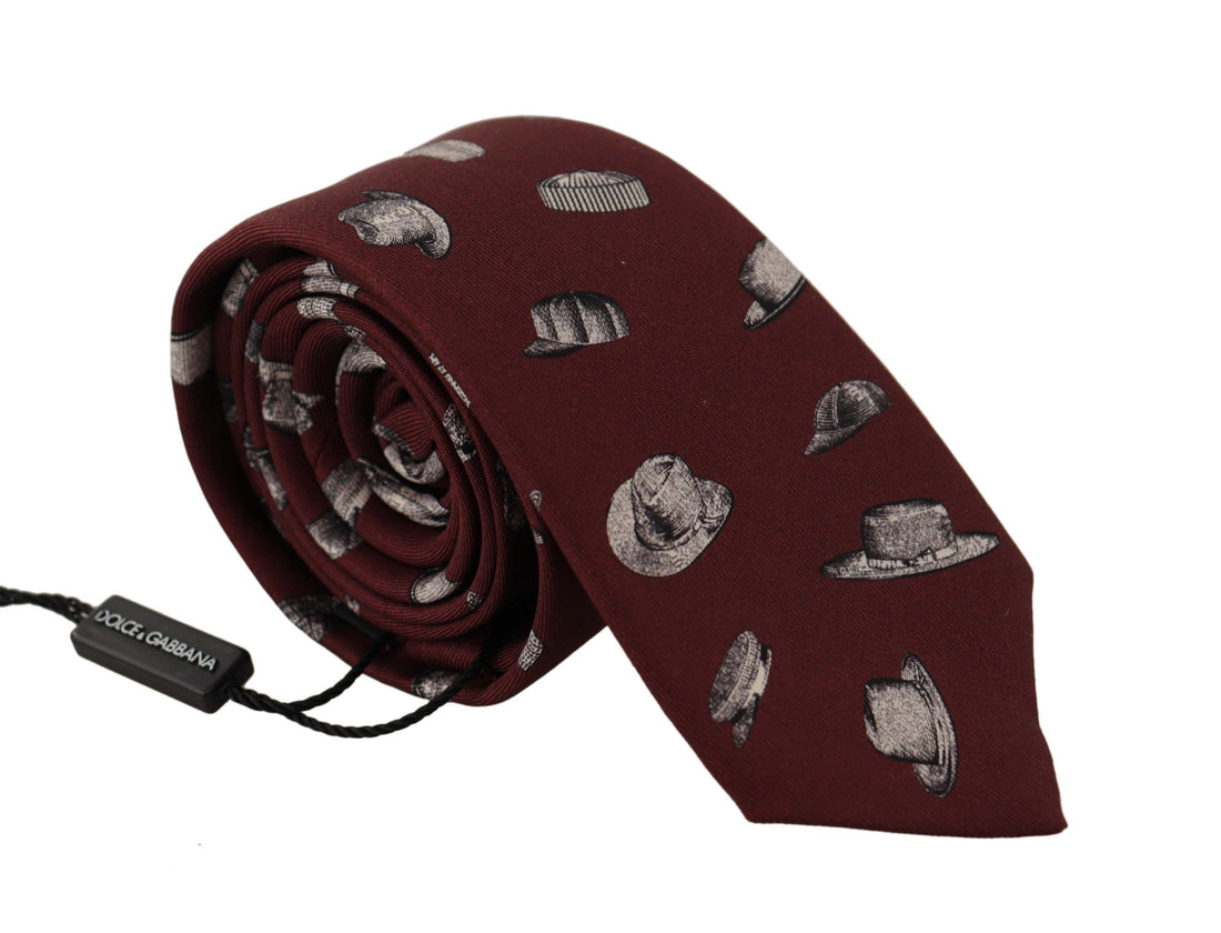 Dolce &amp; Gabbana Maroon Hat Pattern 100% Silk Adjustable Accessory Tie