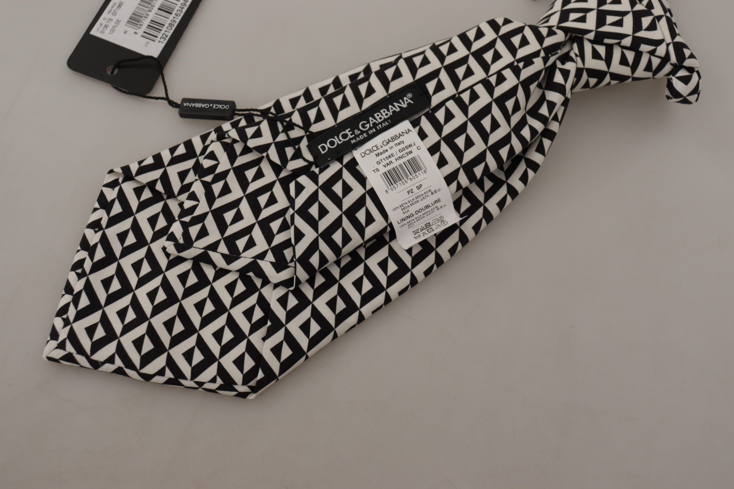 Dolce &amp;amp; Gabbana Svartvit Geometrisk Justerbar Slips i 100 % Siden