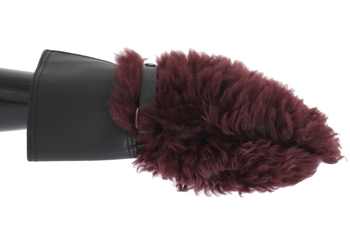 Dolce &amp; Gabbana Black Leather Bordeaux Shearling Gloves