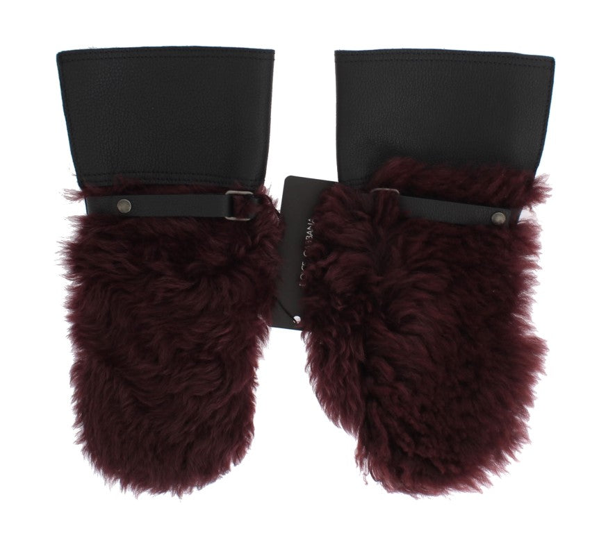Dolce &amp; Gabbana Black Leather Bordeaux Shearling Gloves