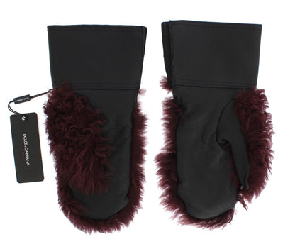 Dolce &amp; Gabbana Black Leather Bordeaux Shearling Gloves