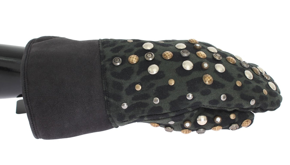 Dolce &amp; Gabbana Gray Wool Shearling Studded Green Leopard Gloves