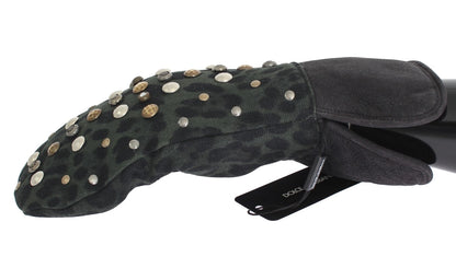Dolce &amp;amp; Gabbana Grå Ullfårskinnshandskar Med Nitar Gröna Leopardmönster