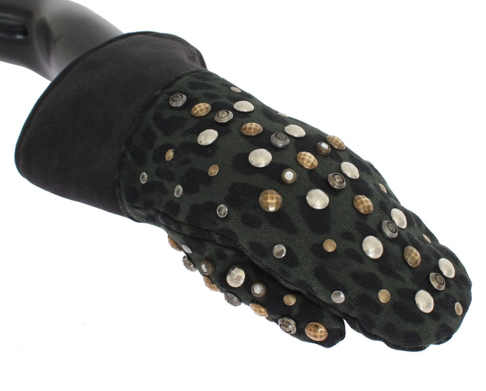 Dolce &amp;amp; Gabbana Grå Ullfårskinnshandskar Med Nitar Gröna Leopardmönster