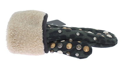 Dolce &amp;amp; Gabbana Grå Ullfårskinnshandskar Med Nitar Gröna Leopardmönster