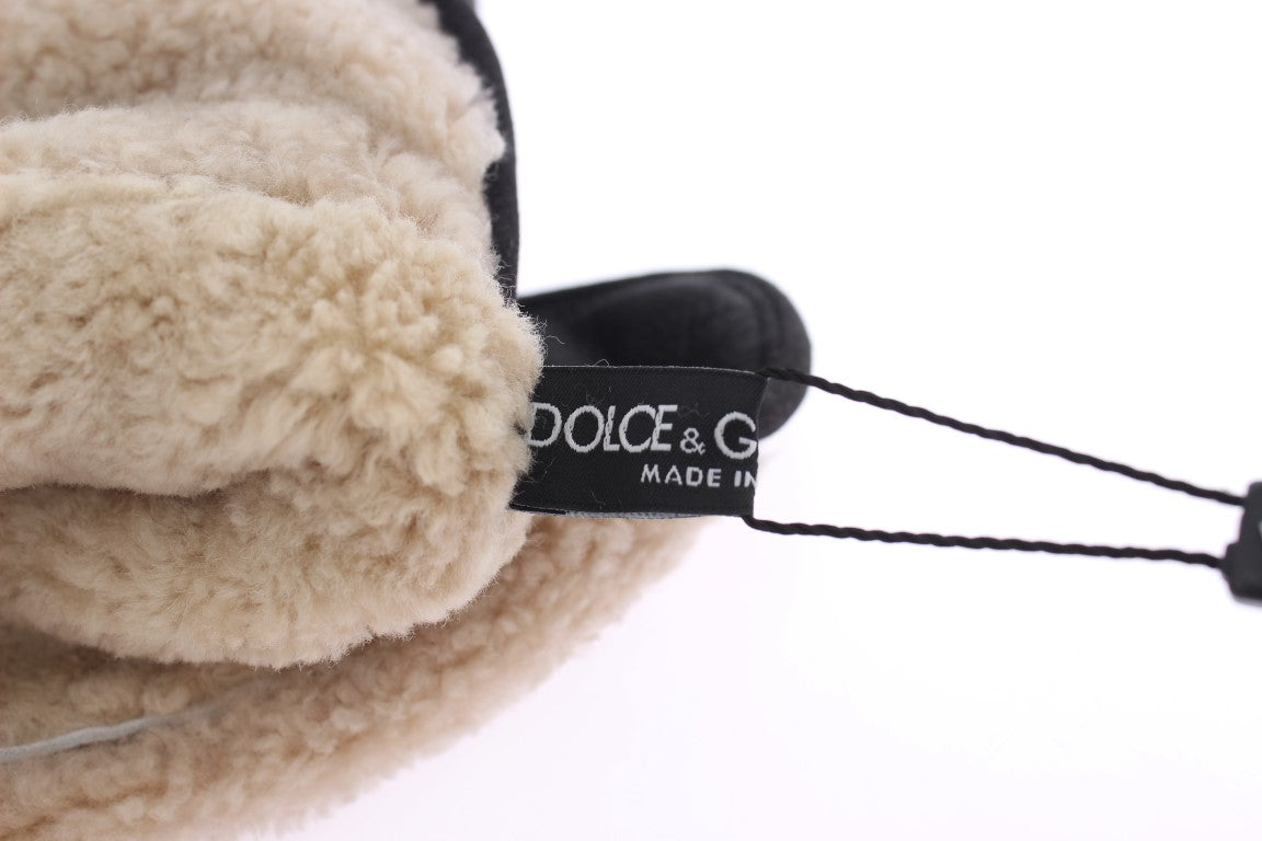 Dolce &amp;amp; Gabbana Grå Ullfårskinnshandskar Med Nitar Gröna Leopardmönster