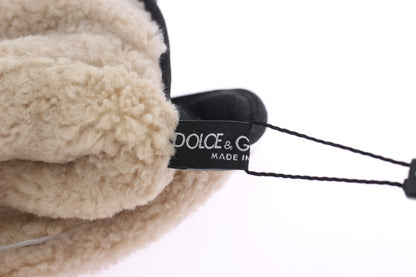 Dolce &amp;amp; Gabbana Grå Ullfårskinnshandskar Med Nitar Gröna Leopardmönster