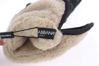 Dolce &amp;amp; Gabbana Grå Ullfårskinnshandskar Med Nitar Gröna Leopardmönster