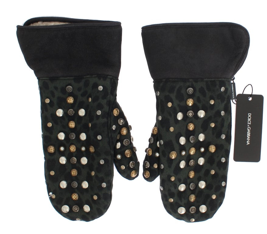 Dolce &amp;amp; Gabbana Grå Ullfårskinnshandskar Med Nitar Gröna Leopardmönster
