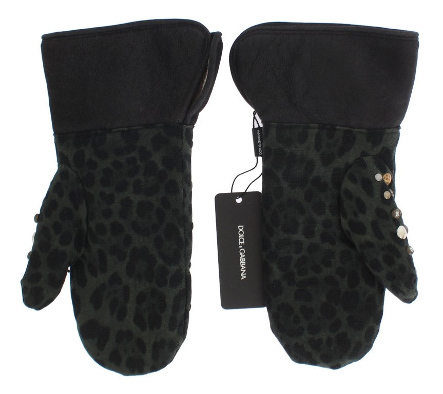 Dolce &amp;amp; Gabbana Grå Ullfårskinnshandskar Med Nitar Gröna Leopardmönster