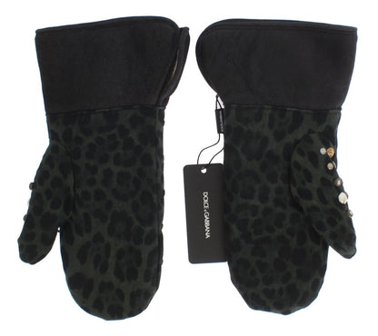 Dolce &amp;amp; Gabbana Grå Ullfårskinnshandskar Med Nitar Gröna Leopardmönster