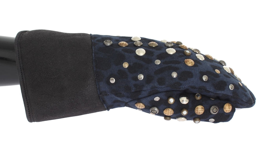 Dolce &amp; Gabbana Gray Wool Shearling Studded Blue Leopard Gloves