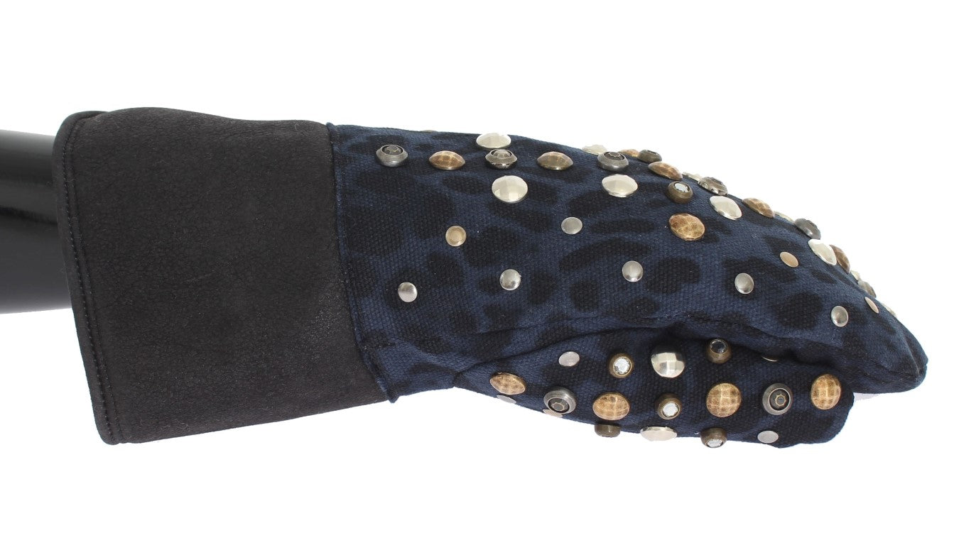 Dolce &amp;amp; Gabbana Grå Ullfårskinnshandskar Med Nitar Blå Leopardmönster