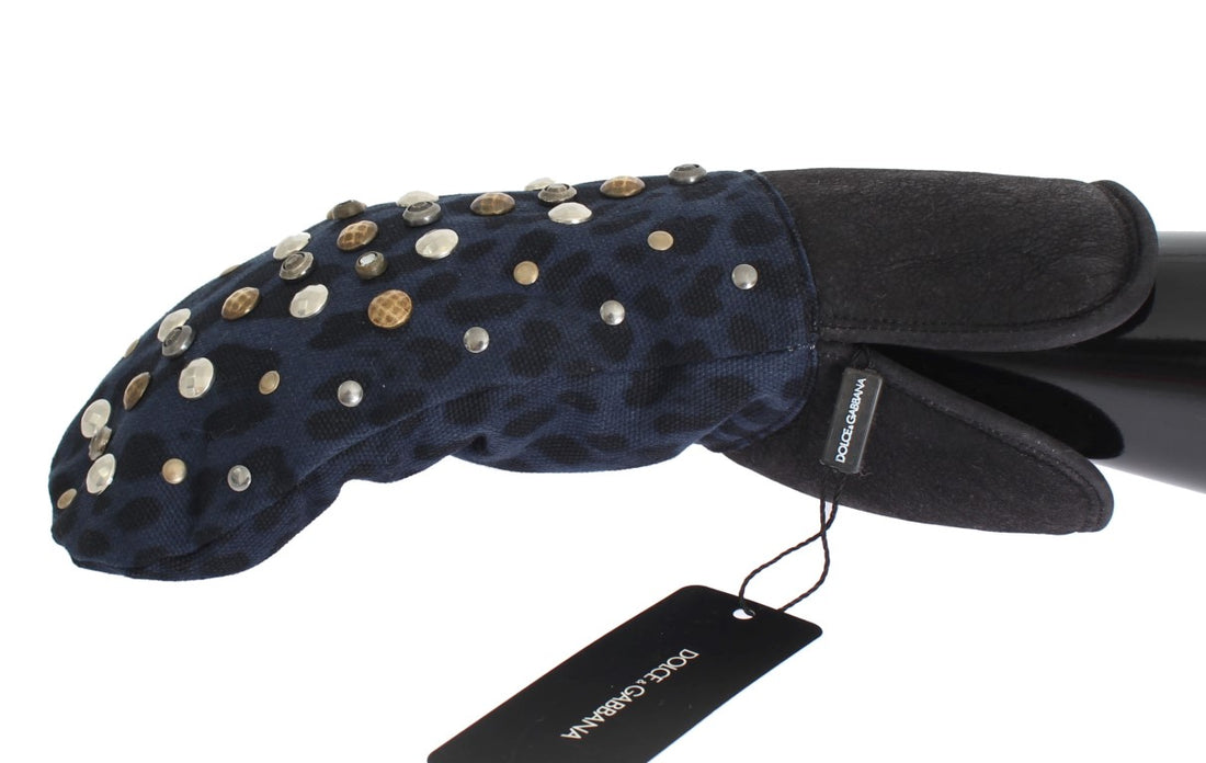 Dolce &amp; Gabbana Gray Wool Shearling Studded Blue Leopard Gloves