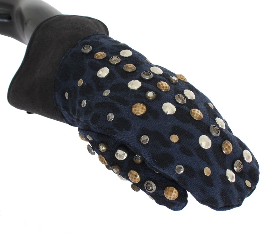 Dolce &amp;amp; Gabbana Grå Ullfårskinnshandskar Med Nitar Blå Leopardmönster