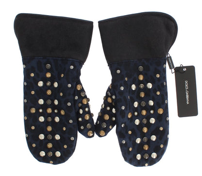Dolce &amp;amp; Gabbana Grå Ullfårskinnshandskar Med Nitar Blå Leopardmönster