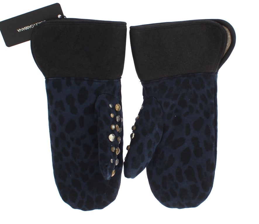 Dolce &amp;amp; Gabbana Grå Ullfårskinnshandskar Med Nitar Blå Leopardmönster