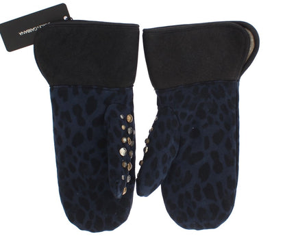 Dolce &amp;amp; Gabbana Grå Ullfårskinnshandskar Med Nitar Blå Leopardmönster