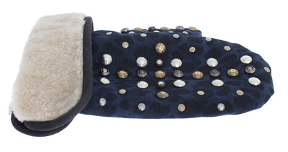 Dolce &amp;amp; Gabbana Grå Ullfårskinnshandskar Med Nitar Blå Leopardmönster