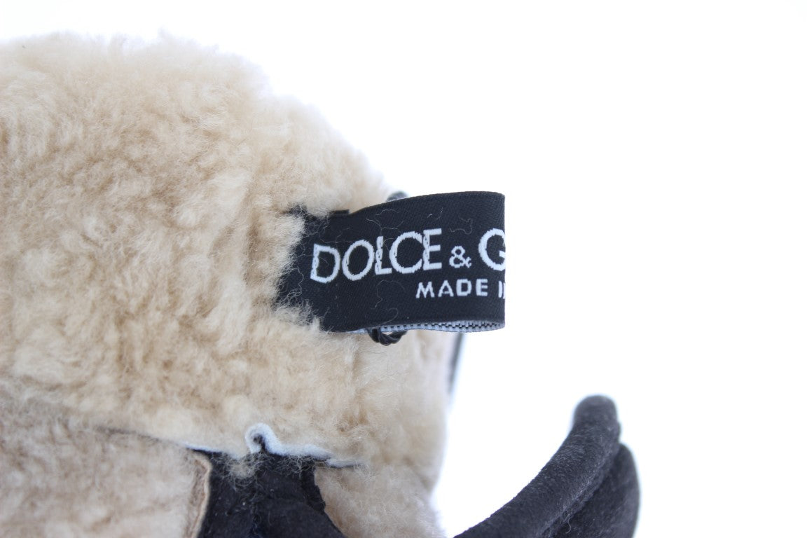 Dolce &amp;amp; Gabbana Grå Ullfårskinnshandskar Med Nitar Blå Leopardmönster