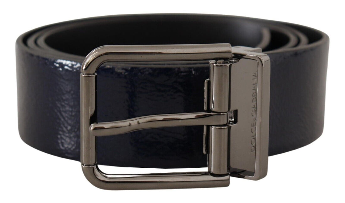 Dolce &amp; Gabbana Blue Patent Leather Vernice Silver Logo Buckle Belt