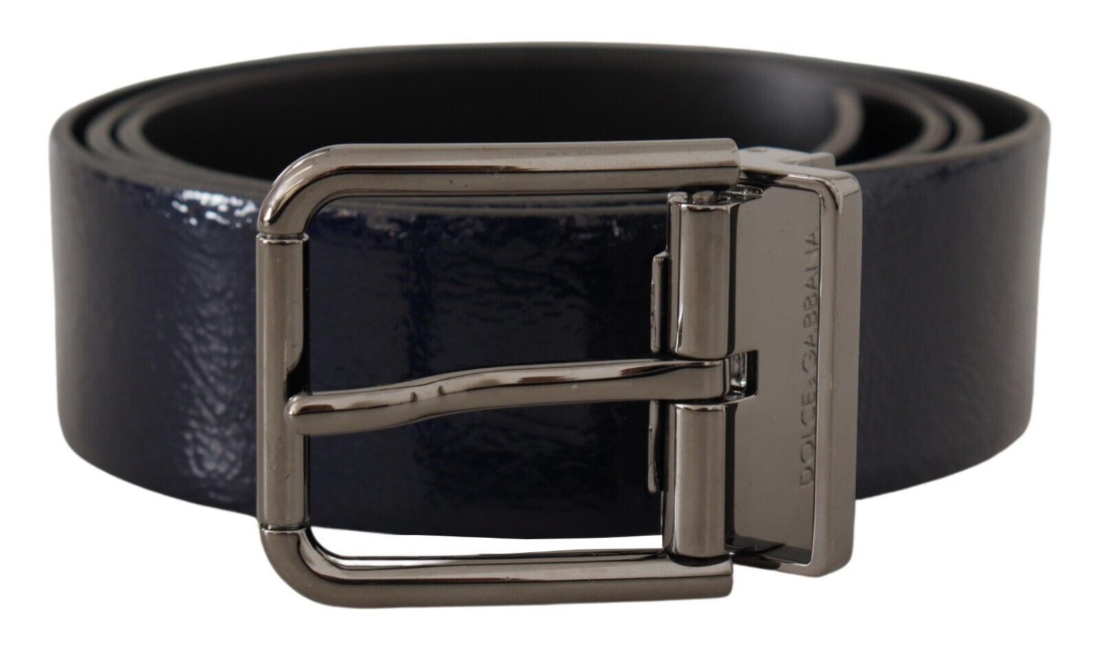 Dolce &amp; Gabbana Blue Patent Leather Vernice Silver Logo Buckle Belt