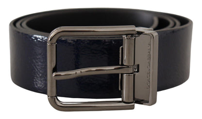 Dolce &amp; Gabbana Blue Patent Leather Vernice Silver Logo Buckle Belt