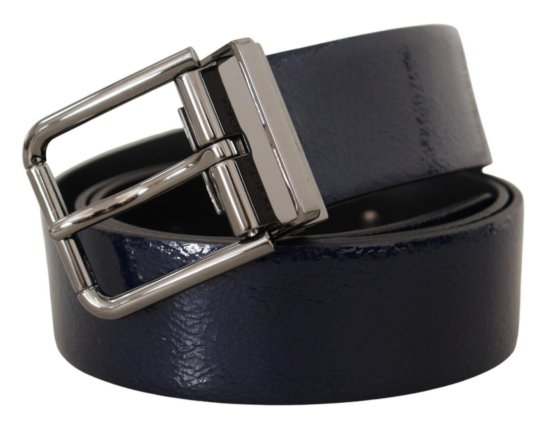 Dolce &amp; Gabbana Blue Patent Leather Vernice Silver Logo Buckle Belt
