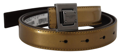 Dolce &amp; Gabbana Gold Leather Silver Square Metal Buckle Belt
