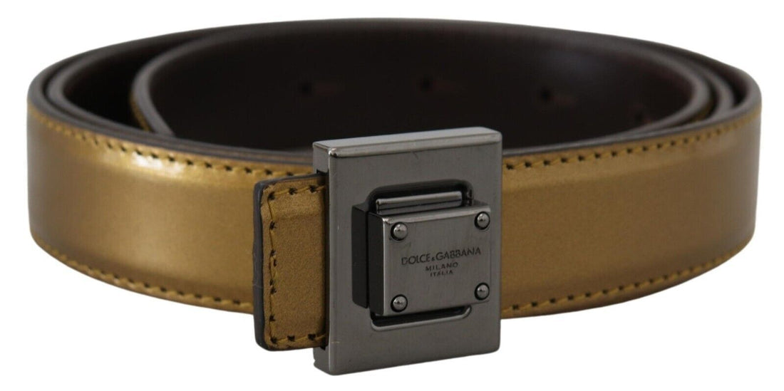 Dolce &amp; Gabbana Gold Leather Silver Square Metal Buckle Belt