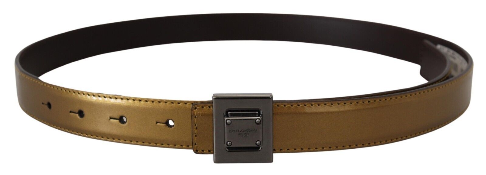 Dolce &amp; Gabbana Gold Leather Silver Square Metal Buckle Belt