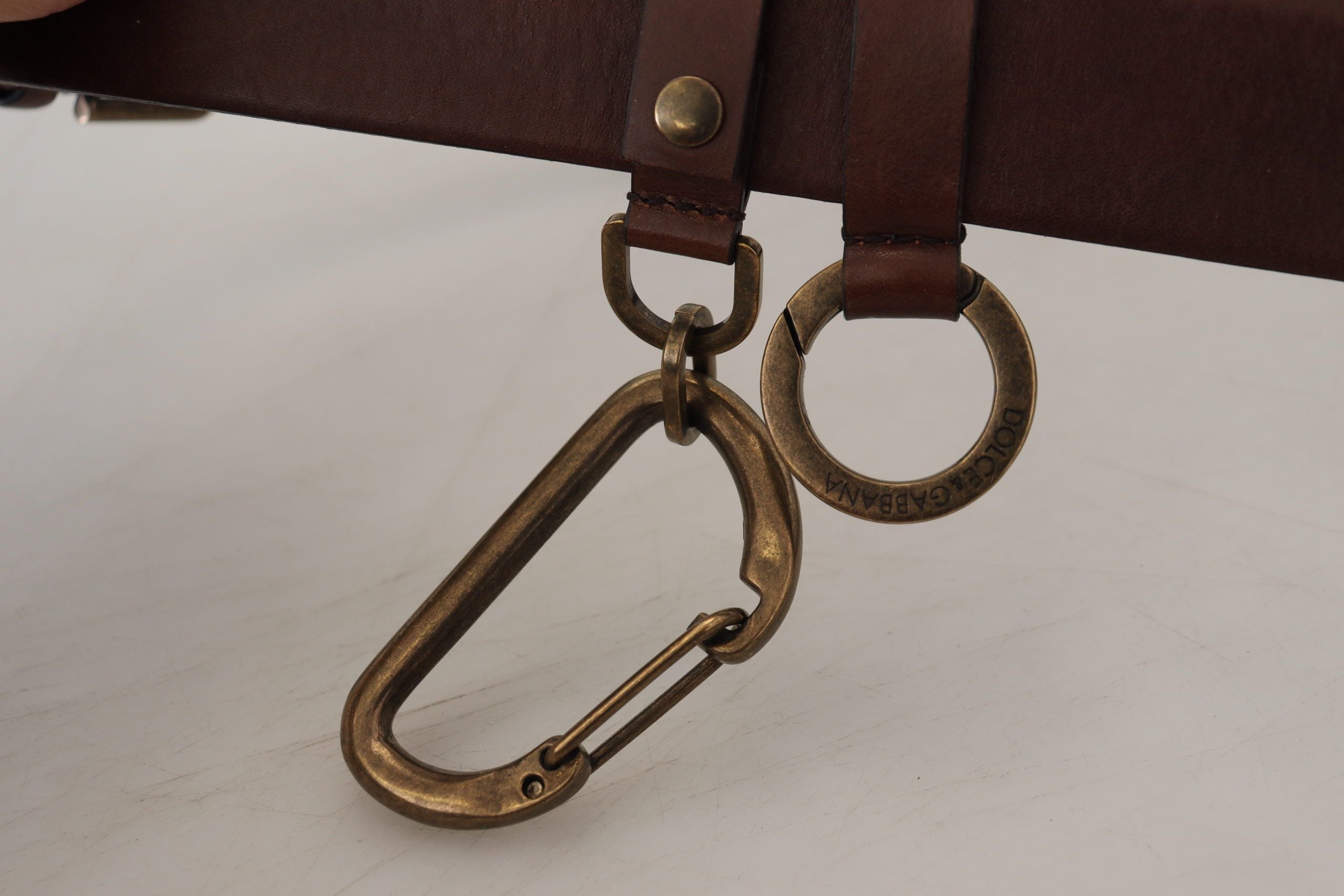 Dolce &amp; Gabbana Brown Leather Gold Metal Buckle Carabiner Belt