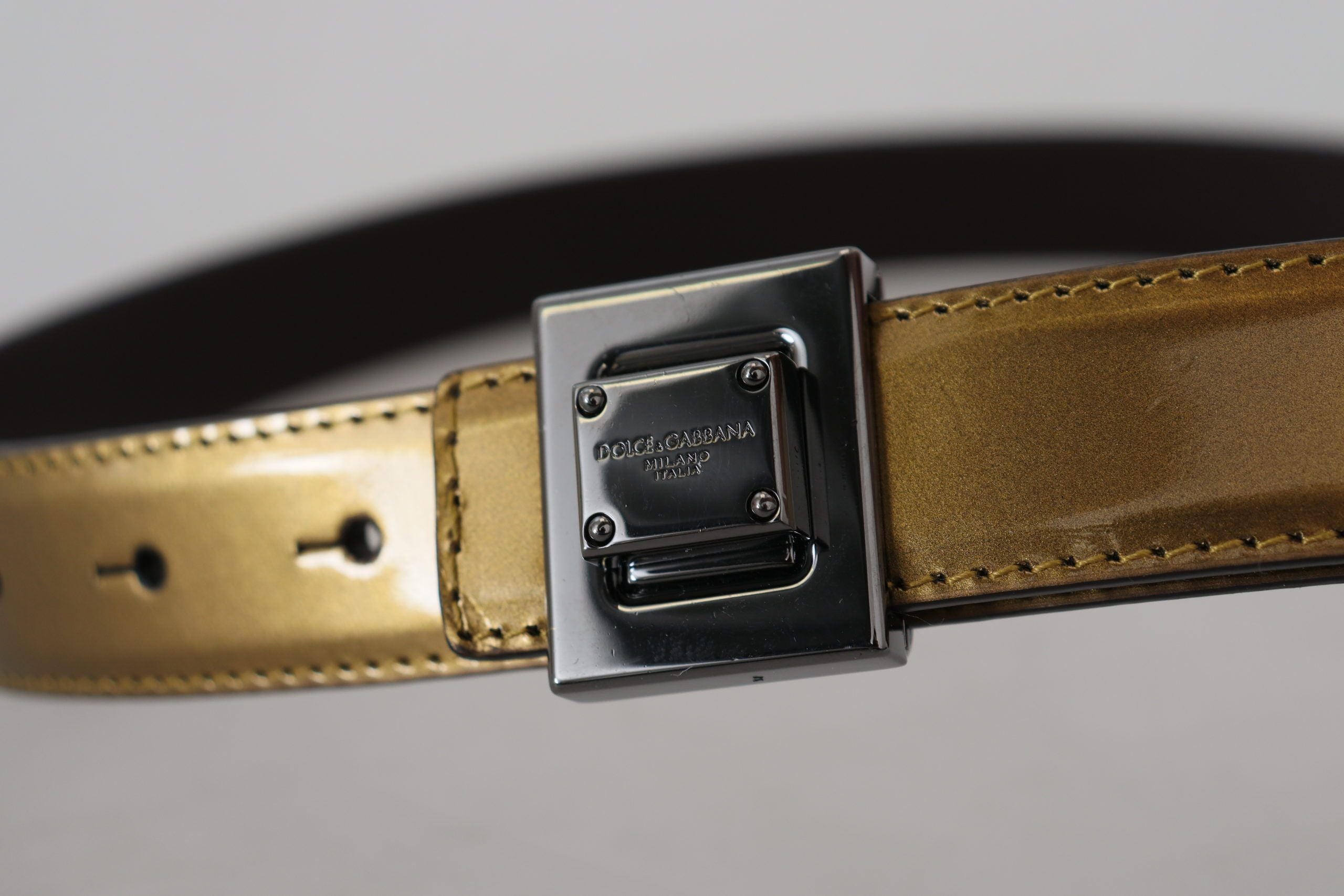 Dolce &amp; Gabbana Gold Leather Silver Square Metal Buckle Belt