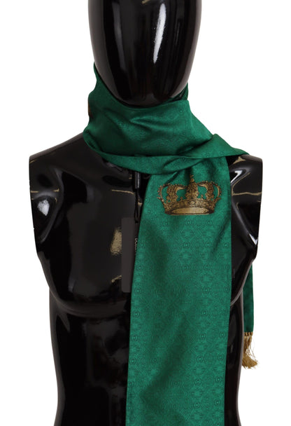 Dolce &amp; Gabbana Green Crown Embroidered Shawl Fringe Blend Silk