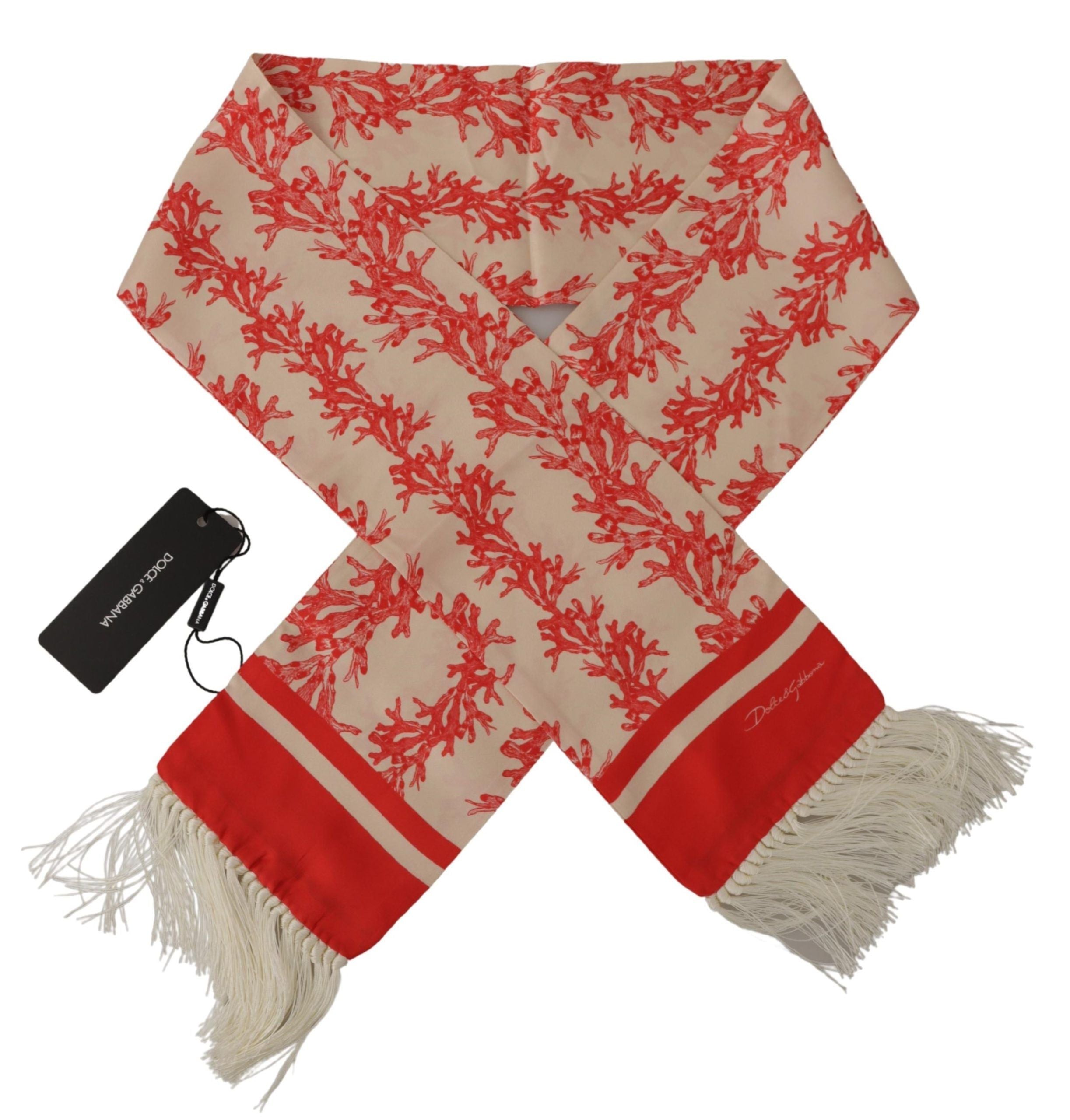 Dolce &amp; Gabbana White Red Coral Print Shawl Wrap Fringe Scarf