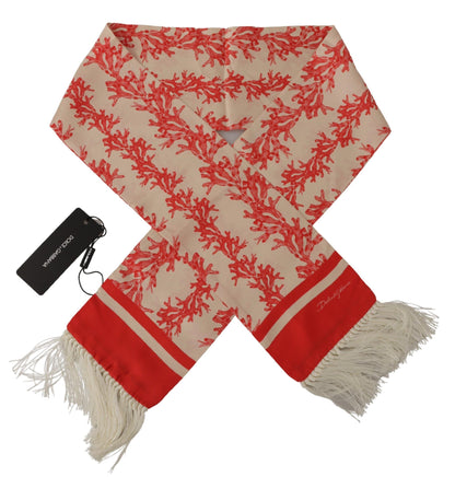 Dolce &amp; Gabbana White Red Coral Print Shawl Wrap Fringe Scarf
