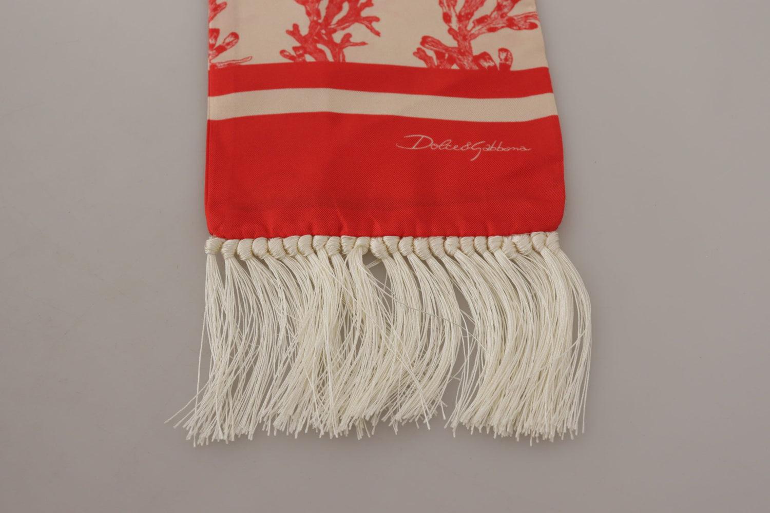 Dolce &amp; Gabbana White Red Coral Print Shawl Wrap Fringe Scarf