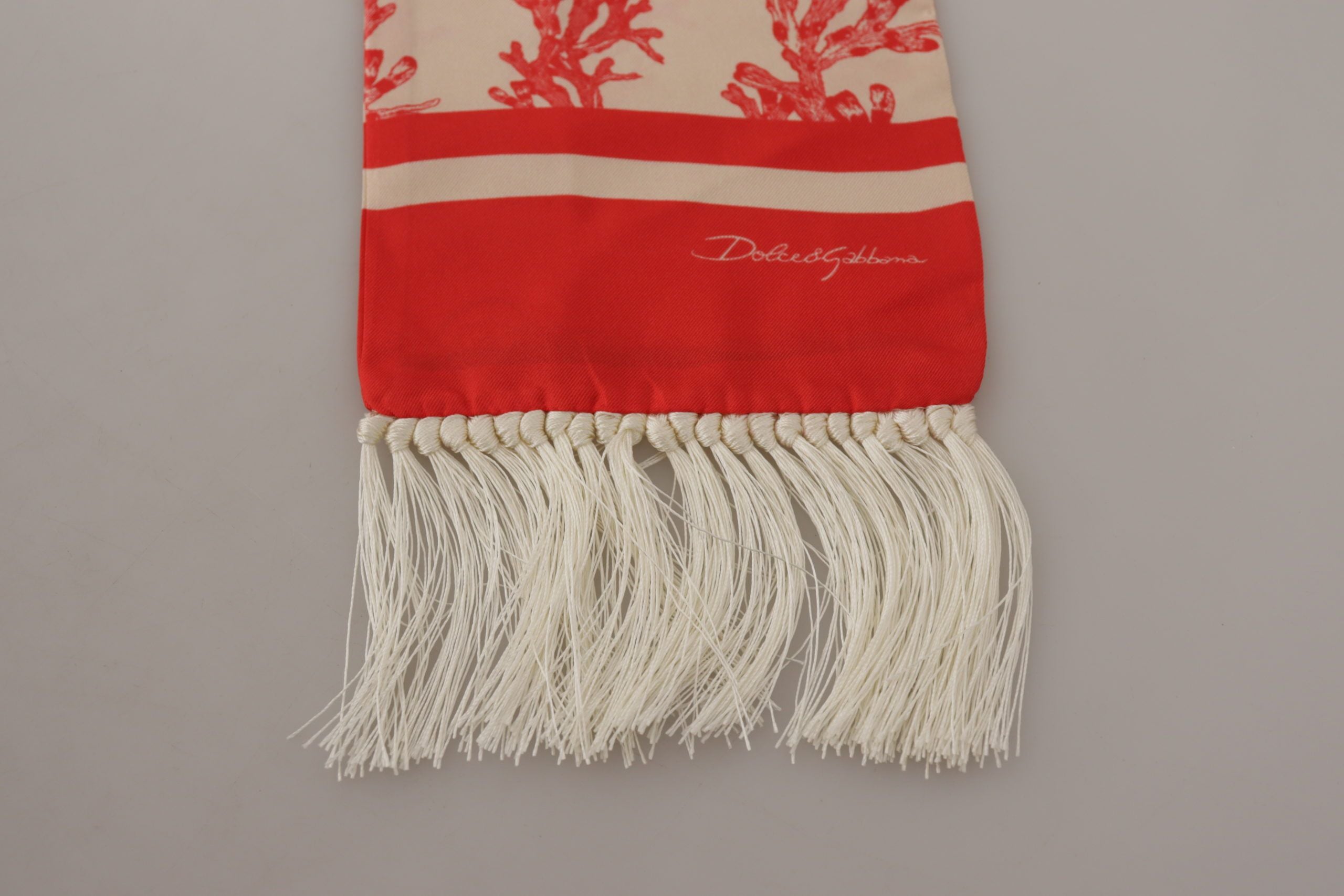Dolce &amp; Gabbana White Red Coral Print Shawl Wrap Fringe Scarf