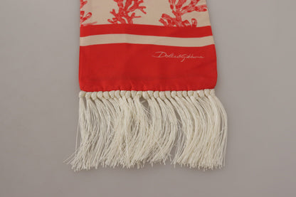 Dolce &amp; Gabbana White Red Coral Print Shawl Wrap Fringe Scarf