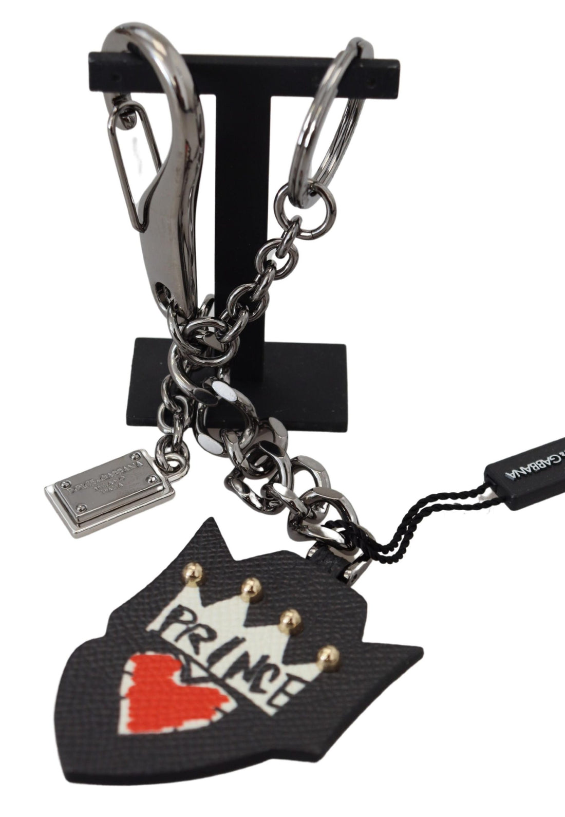Dolce &amp; Gabbana Black Prince Studs Logo Silver Brass Keychain