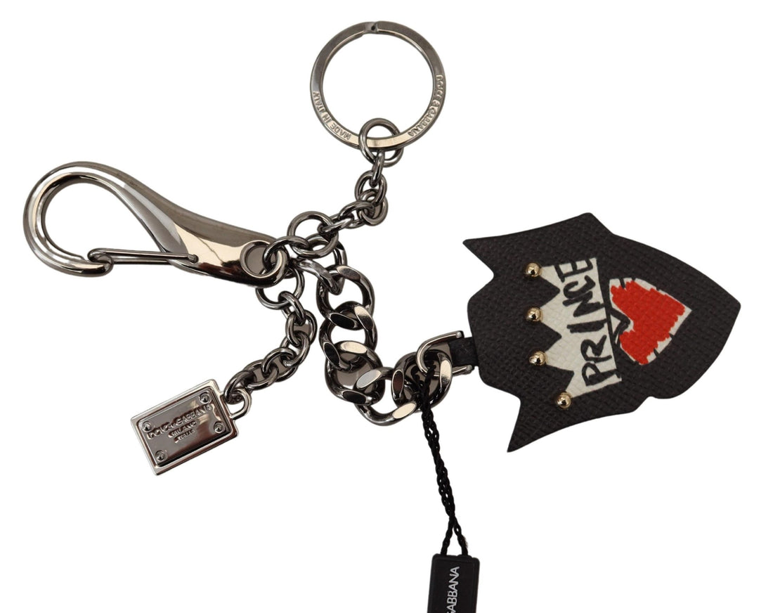 Dolce &amp; Gabbana Black Prince Studs Logo Silver Brass Keychain