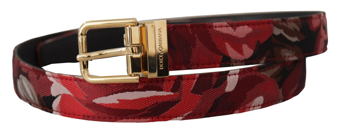 Dolce &amp;amp; Gabbana Rött Jacquard Rosé Läderbälte med Guldfärgat Metallspänne