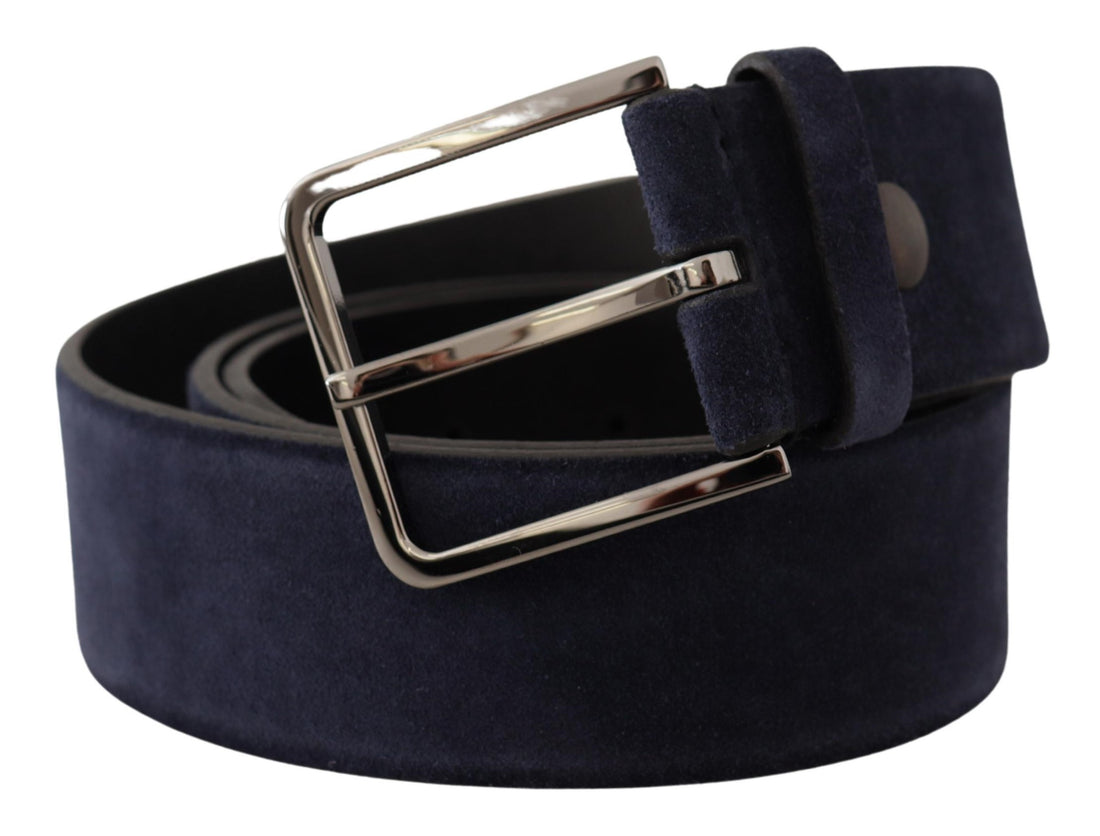 Dolce &amp;amp; Gabbana Marinblått sammetsläderbälte med silverfärgat logotypspänne