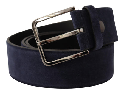 Dolce &amp;amp; Gabbana Marinblått sammetsläderbälte med silverfärgat logotypspänne