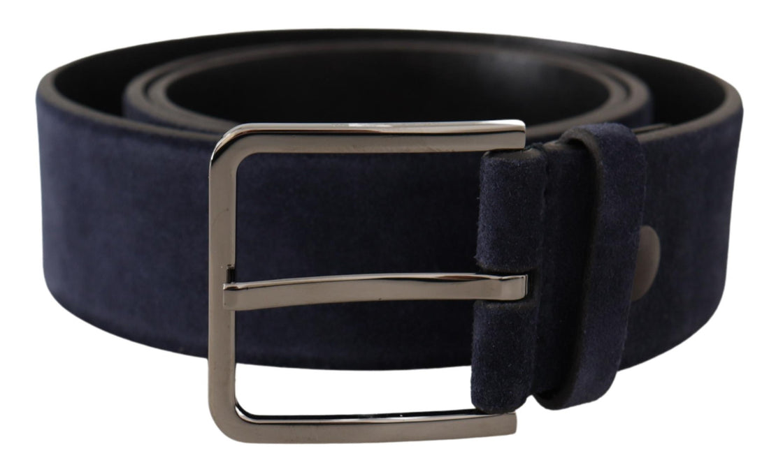 Dolce &amp;amp; Gabbana Marinblått sammetsläderbälte med silverfärgat logotypspänne