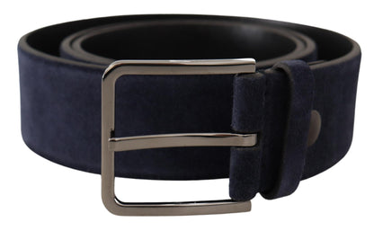 Dolce &amp;amp; Gabbana Marinblått sammetsläderbälte med silverfärgat logotypspänne