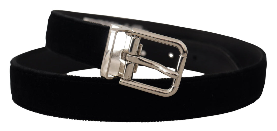 Dolce &amp;amp; Gabbana Svart sammetsbälte med silverfärgad metalllogotyp och spänne